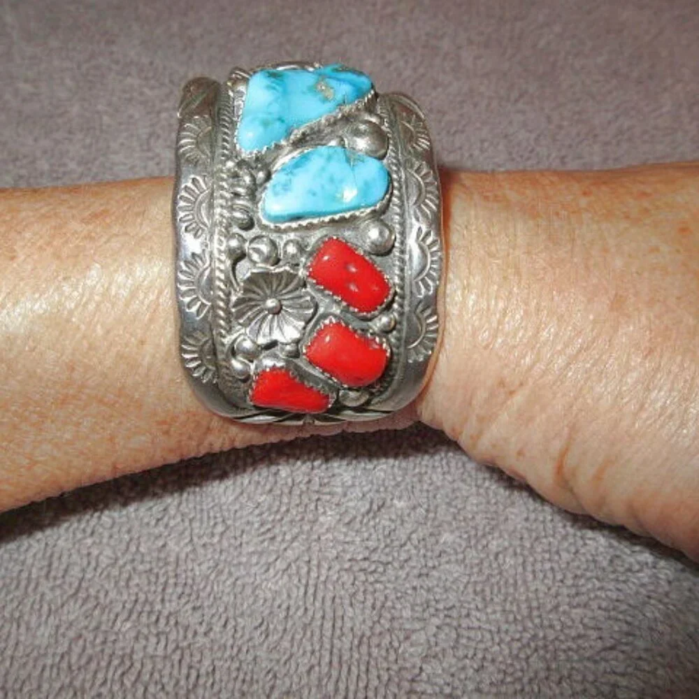 Vtg Navajo Sterling Silver Turquoise Coral Cuff Bracelet Signed Southwestern 78g
